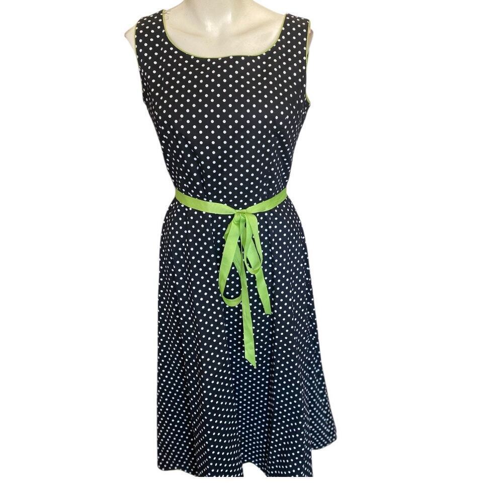 Coldwater Creek Black White Polka Dot Lime Green Trim Dress Sz 6P